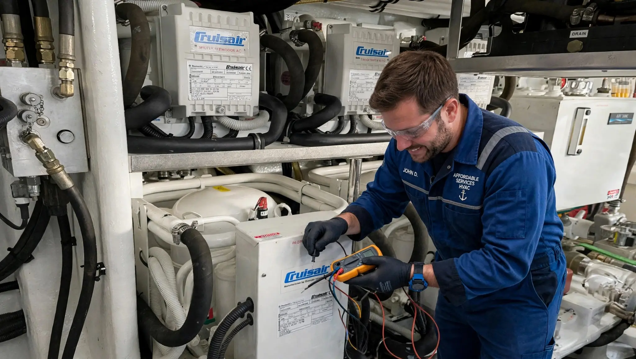 Captain John servicing Cruisair equipment in a yacht engine room